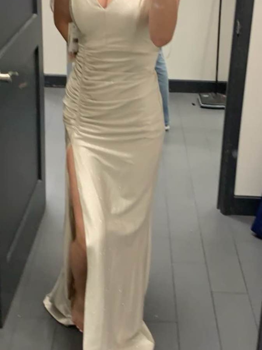 Honey and Rosie Cream V-Neck Ruched Side Slit Prom Gown